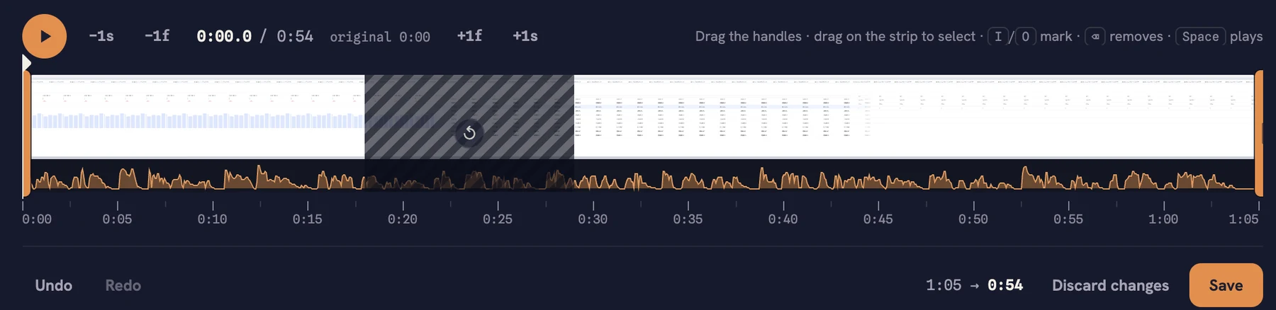 The Emaus editor timeline: filmstrip, waveform, a deleted stretch from 0:18 to 0:29, and 1:05 becoming 0:54