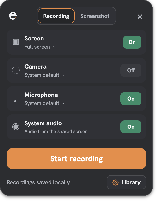 The Emaus popover with screen, camera, microphone and system audio toggles