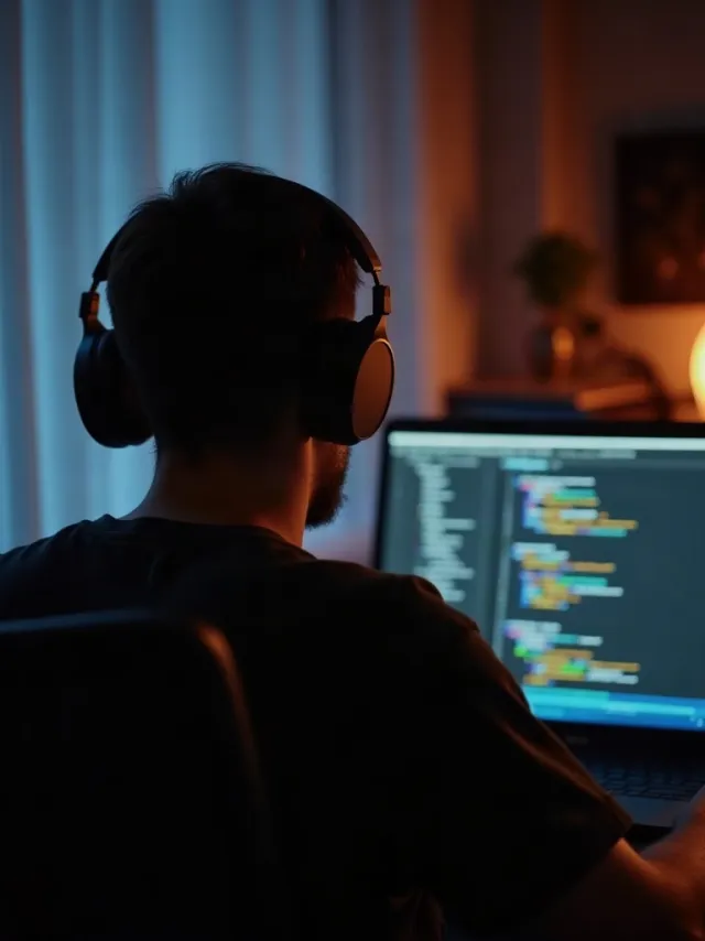 An engineer with headphones at a laptop in a dim home office at dusk