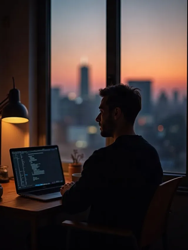 A founder at a laptop in a small studio, city skyline at dusk in the window