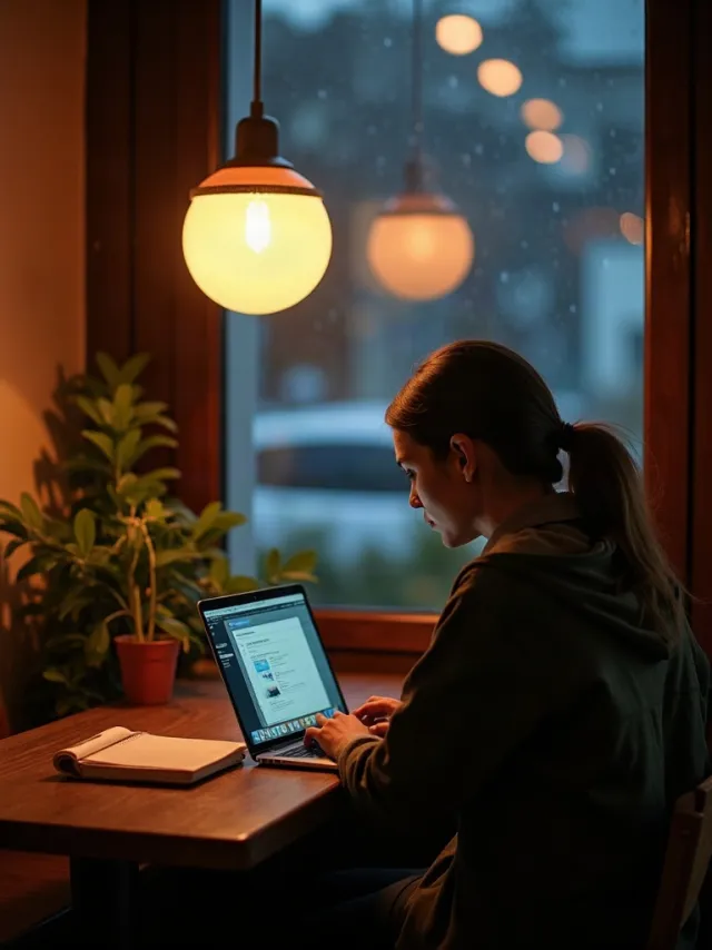 A freelance designer at a café table with a laptop and sketchbook