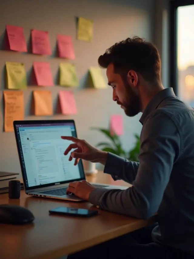 A product manager pointing at a laptop screen, wall of sticky notes behind