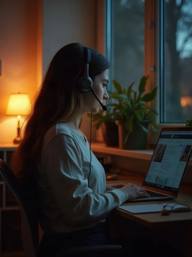 A support specialist wearing a headset at a laptop in a cozy home office