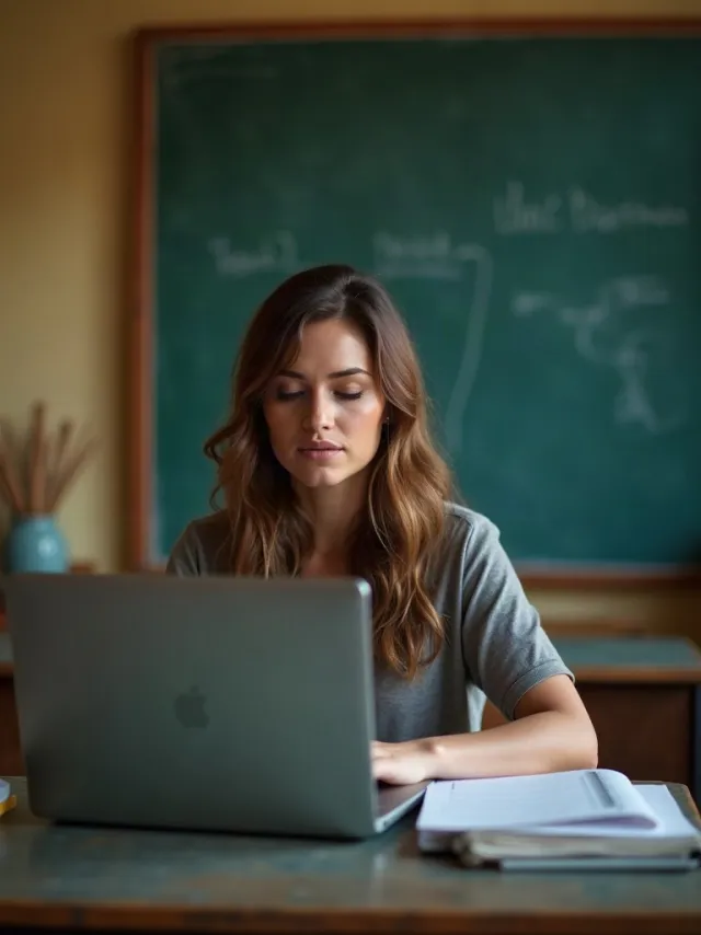 A teacher at a desk with a laptop and notebook, chalkboard behind